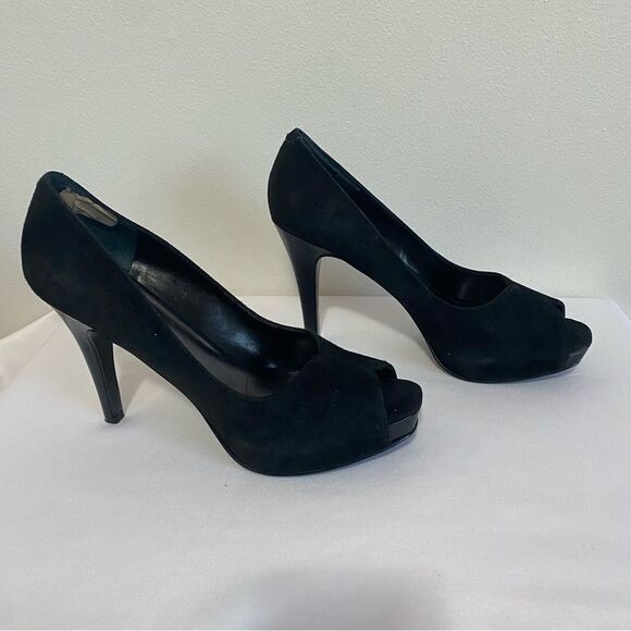 NINE WEST Bonfired Black Suede Peep toe Heels - Picture 4 of 12